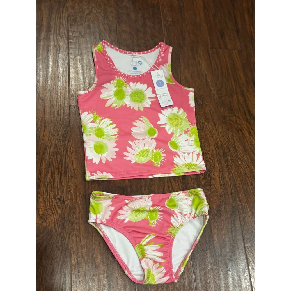 NWT Girls Daisy Tankini swim Juno Beachwear Sz 7 - SPF 30+ Pink Lime Grn Floral